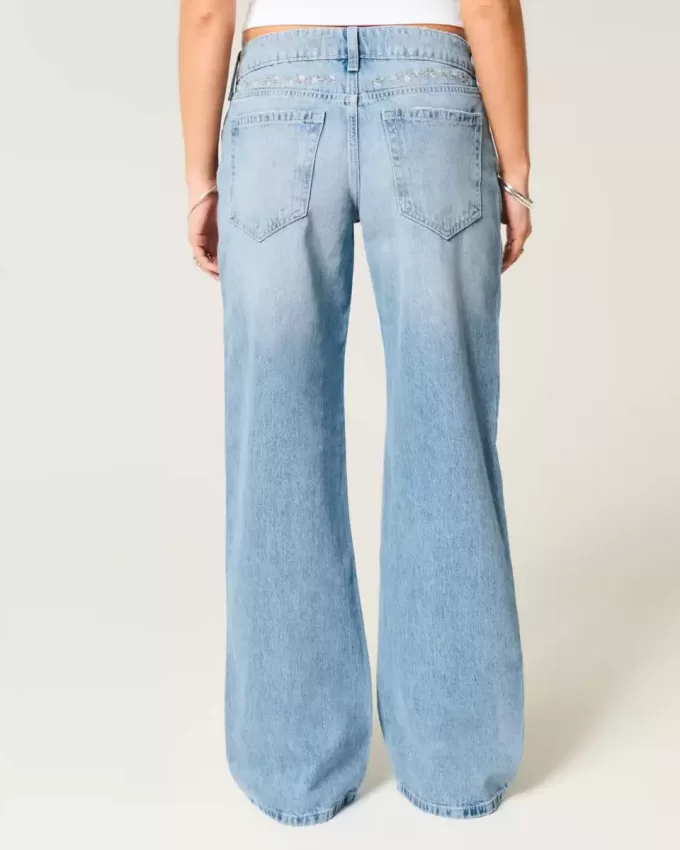 Low-Rise Medium Wash Floral Embroidery Baggy Jeans Low-Rise Medium Wash Floral Embroidery Baggy Jeans