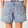 Low-Rise Medium Wash Foldover Waist Baggy Denim Shorts 5″