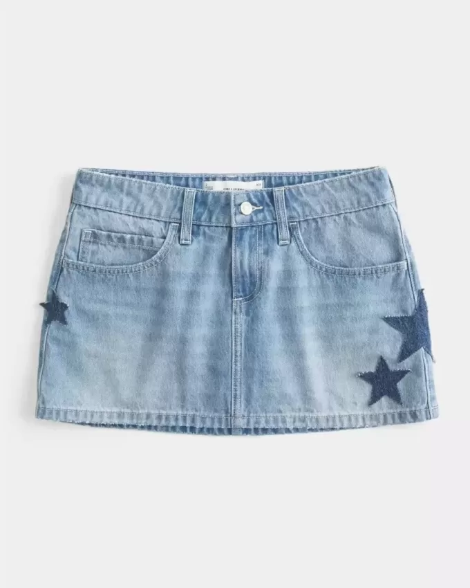Low-Rise Medium Wash Star Applique Denim Mini Skort Low-Rise Medium Wash Star Applique Denim Mini Skort
