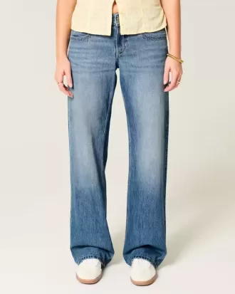 Low-Rise Medium Wash Studded Hearts Baggy Jeans