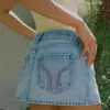 Low-Rise Pink Embroidered Light Wash Denim Mini Skort