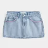 Low-Rise Pink Embroidered Light Wash Denim Mini Skort
