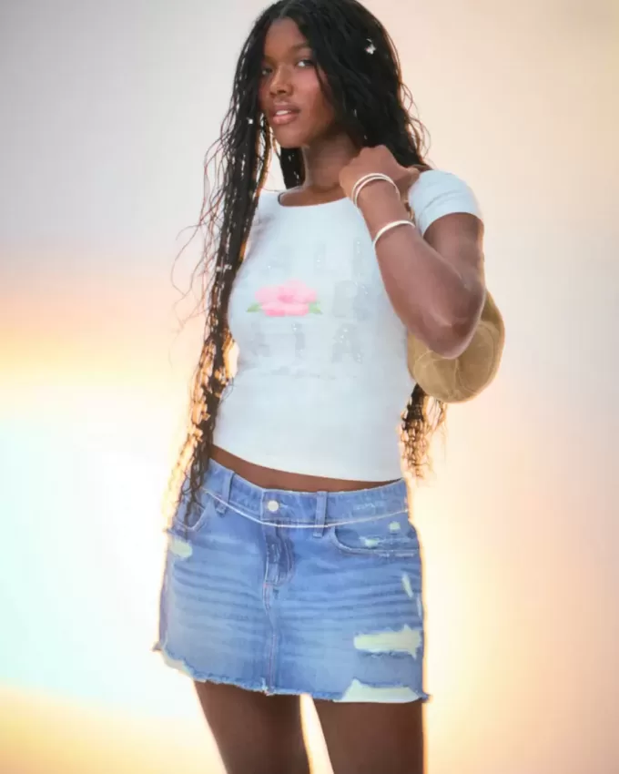 Low-Rise Ripped Dark Wash Denim Mini Skort