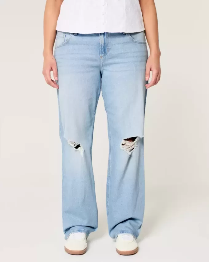 Low-Rise Ripped Light Wash Relaxed Straight Jeans