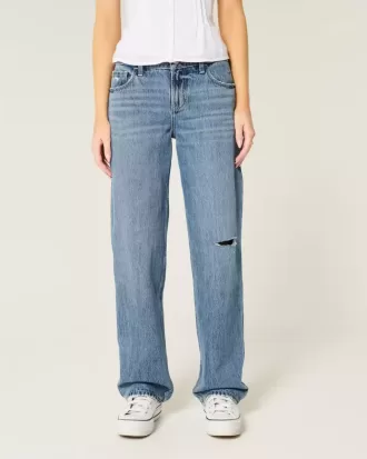 Low-Rise Ripped Medium Wash Loose Jeans