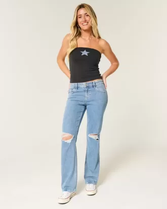 Low-Rise Ripped Medium Wash Relaxed Straight Jeans