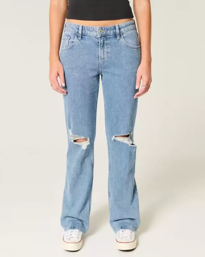 Low-Rise Ripped Medium Wash Relaxed Straight Jeans