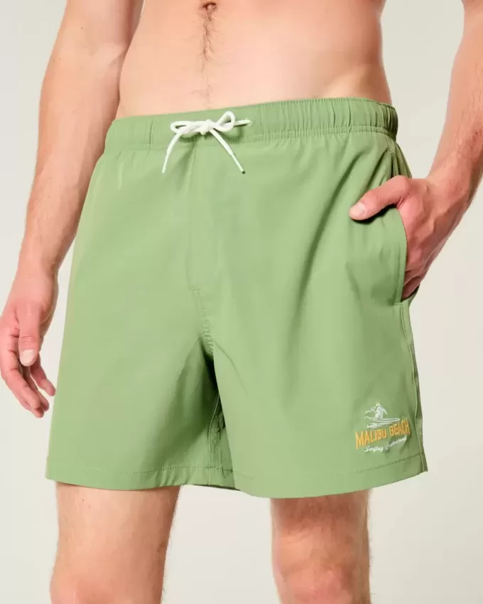 Malibu Beach Graphic Mid-Thigh Volley Swim Trunks Malibu Beach Graphic Mid-Thigh Volley Swim Trunks