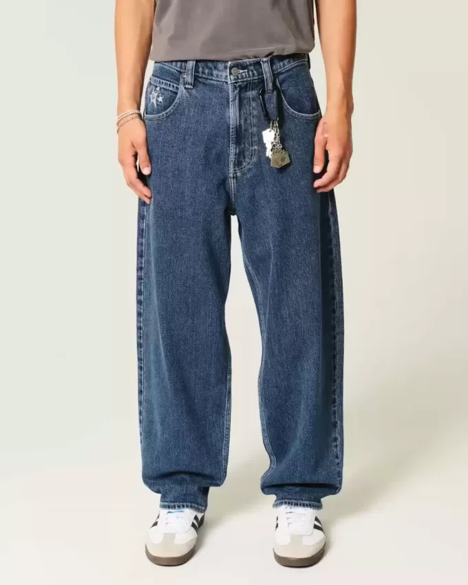 Medium Wash Star Graphic Skater Baggy Jeans Medium Wash Star Graphic Skater Baggy Jeans