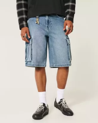 Medium Wash Super Baggy Denim Cargo Shorts
