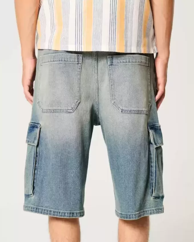 Medium Wash Super Baggy Denim Cargo Shorts