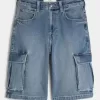 Medium Wash Super Baggy Denim Cargo Shorts