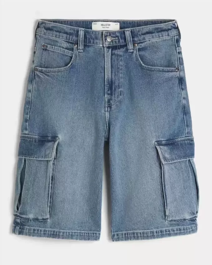 Medium Wash Super Baggy Denim Cargo Shorts