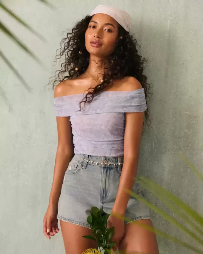 Mesh Foldover Off-the-Shoulder Top Mesh Foldover Off-the-Shoulder Top