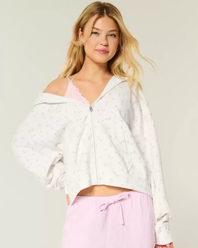 Oversized Floral Pattern Zip-Up Hoodie