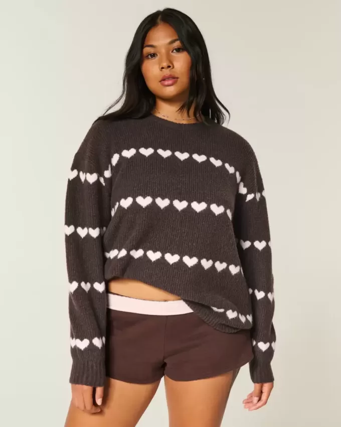 Oversized Heart Pattern Crew Sweater Oversized Heart Pattern Crew Sweater