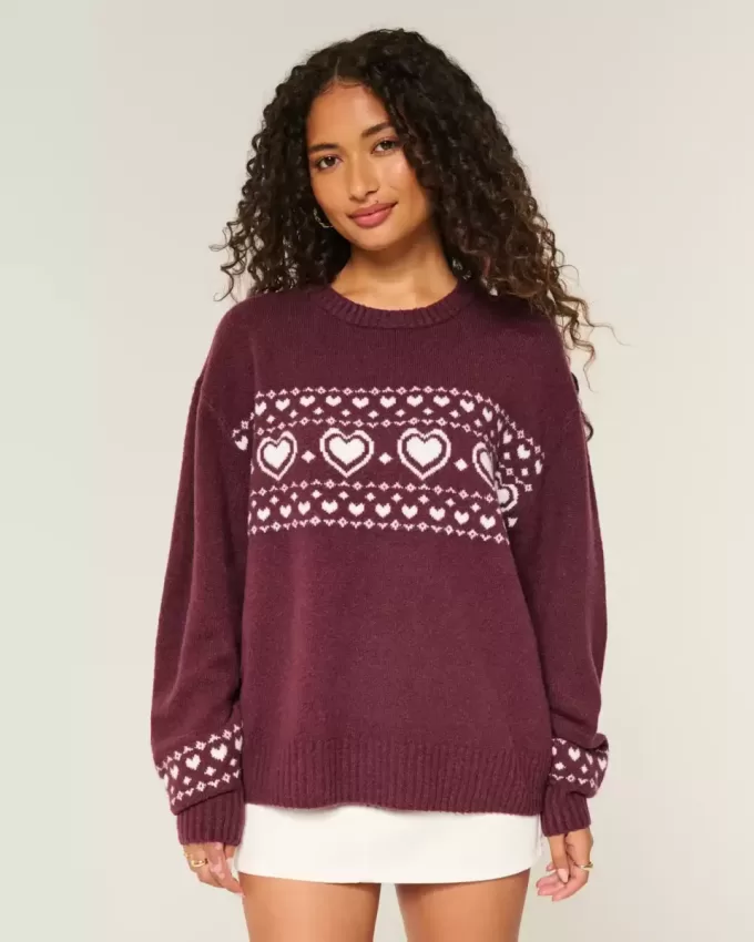 Oversized Heart Pattern Crew Sweater Oversized Heart Pattern Crew Sweater