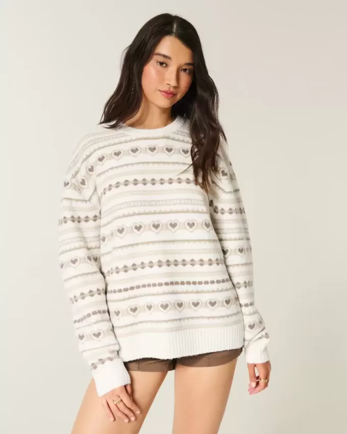 Oversized Heart Pattern Crew Sweater Oversized Heart Pattern Crew Sweater