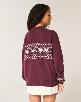 Oversized Heart Pattern Crew Sweater