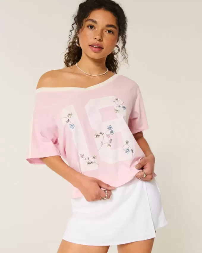 Oversized Off-the-Shoulder Varsity Floral Graphic Tee Oversized Off-the-Shoulder Varsity Floral Graphic Tee