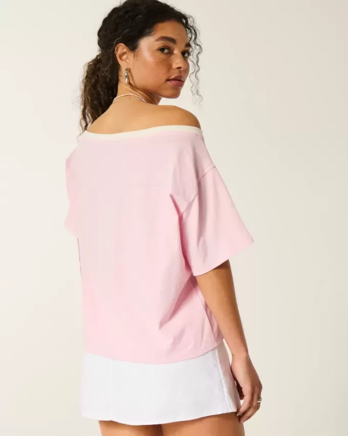 Oversized Off-the-Shoulder Varsity Floral Graphic Tee Oversized Off-the-Shoulder Varsity Floral Graphic Tee