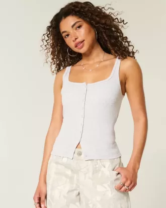 Ribbed Button-Through Square-Neck Tank