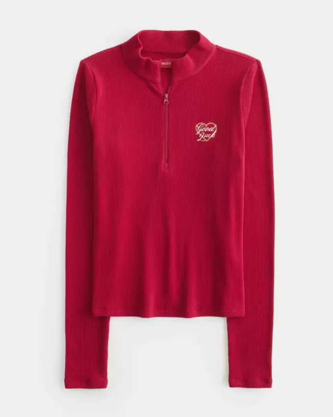 Ribbed Lunar New Year Graphic Half-Zip Top