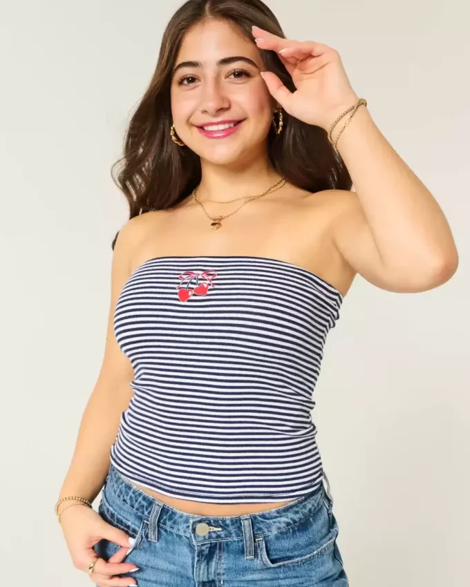 Ribbed Strapless Embroidered Cherry Tube Top Ribbed Strapless Embroidered Cherry Tube Top