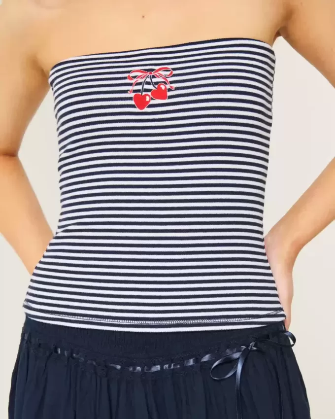 Ribbed Strapless Embroidered Cherry Tube Top Ribbed Strapless Embroidered Cherry Tube Top