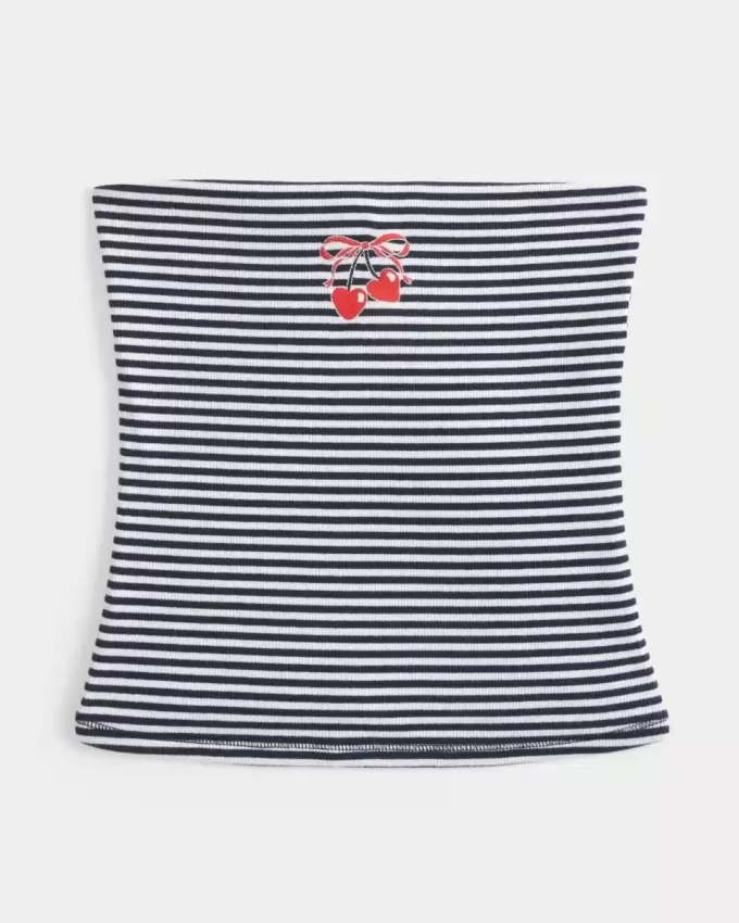 Ribbed Strapless Embroidered Cherry Tube Top Ribbed Strapless Embroidered Cherry Tube Top