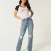 Ripped Medium Wash High-Rise Straight Jeans