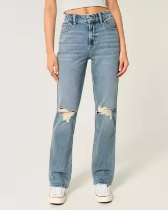 Ripped Medium Wash High-Rise Straight Jeans