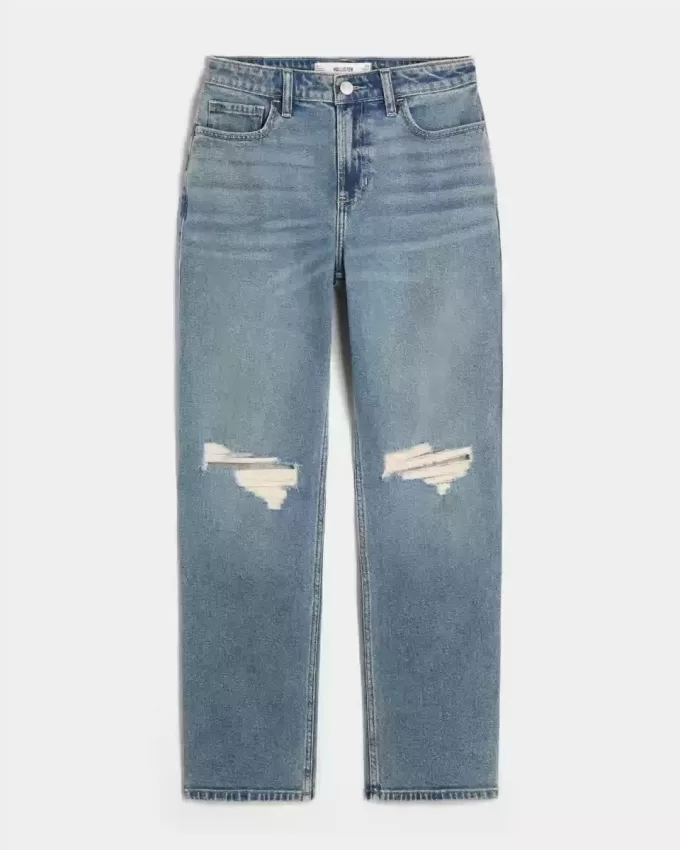 Ripped Medium Wash High-Rise Straight Jeans