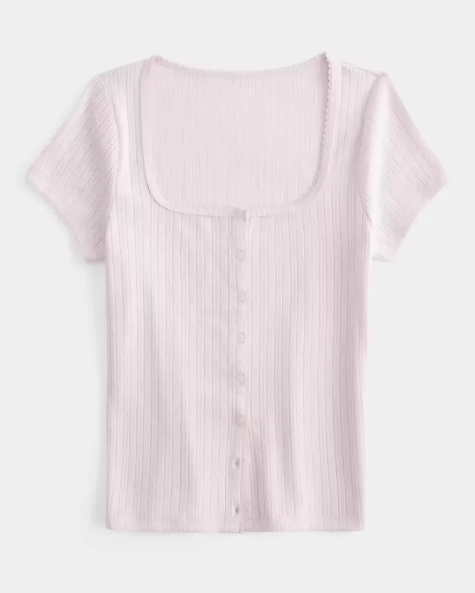 Short-Sleeve Button-Through Pointelle Top Short-Sleeve Button-Through Pointelle Top