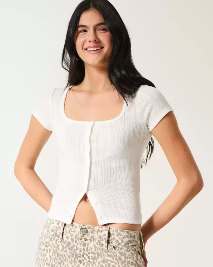 Short-Sleeve Button-Through Pointelle Top Short-Sleeve Button-Through Pointelle Top