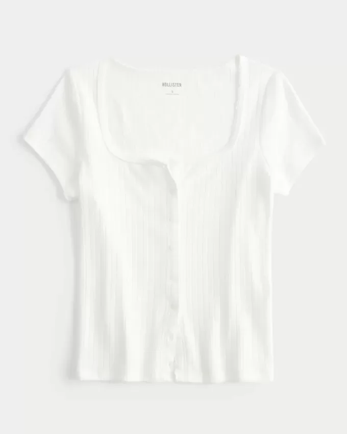 Short-Sleeve Button-Through Pointelle Top Short-Sleeve Button-Through Pointelle Top