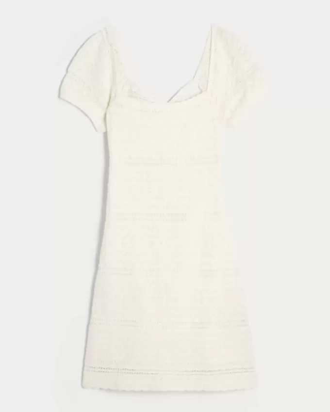 Short-Sleeve Crochet-Style Twist Back Mini Dress
