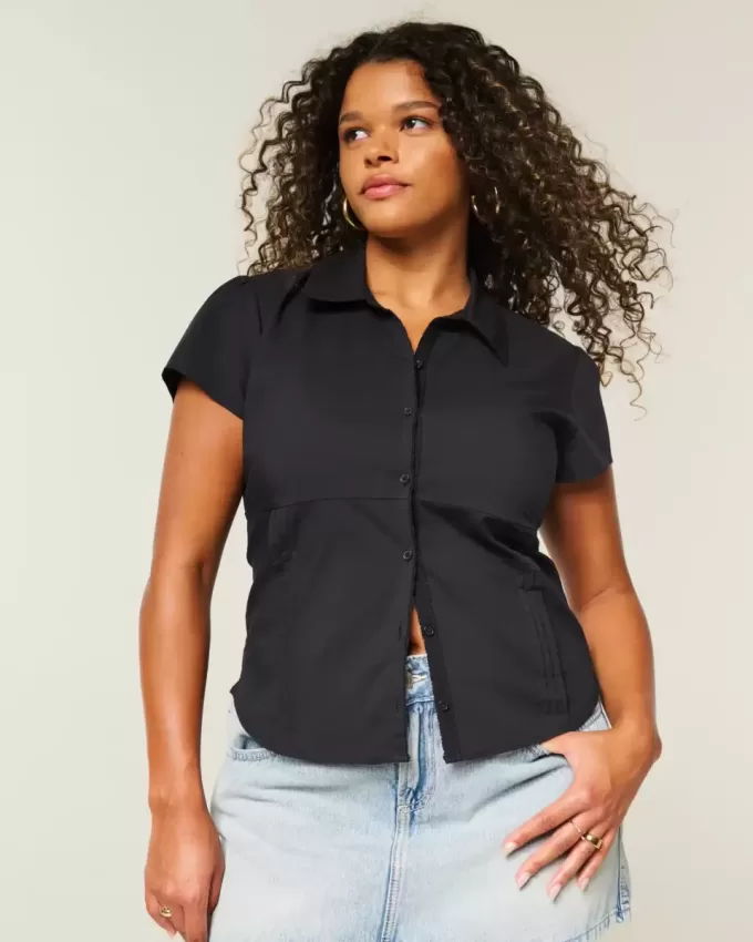 Short-Sleeve Stretch Poplin Button-Through Shirt