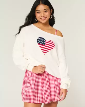 Slouchy Off-the-Shoulder Flag Heart Graphic Sweater