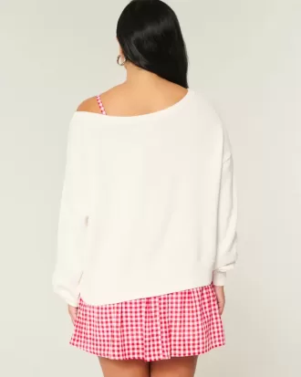 Slouchy Off-the-Shoulder Flag Heart Graphic Sweater