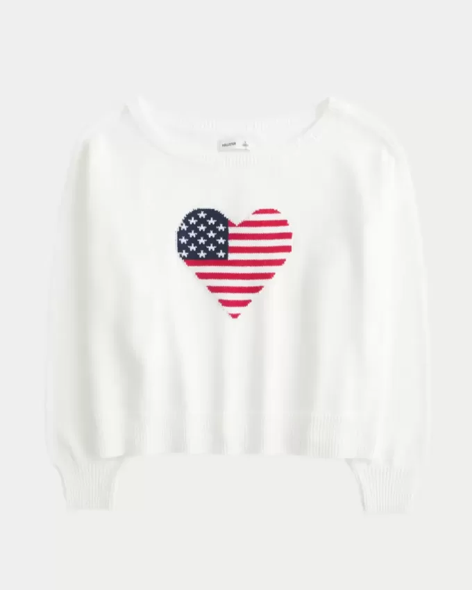 Slouchy Off-the-Shoulder Flag Heart Graphic Sweater Slouchy Off-the-Shoulder Flag Heart Graphic Sweater