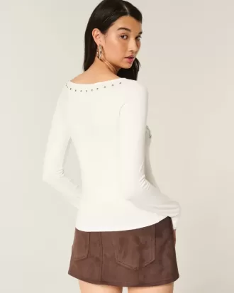 Studded SoHo Graphic Slash-Neck Top