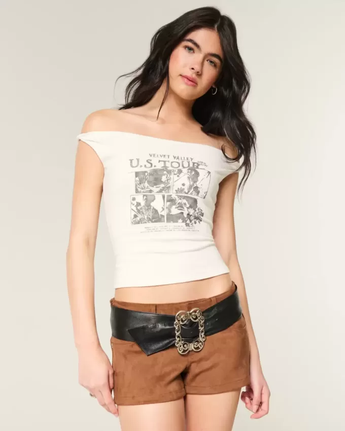 Twisted Off-the-Shoulder Velvet Valley Graphic Tee