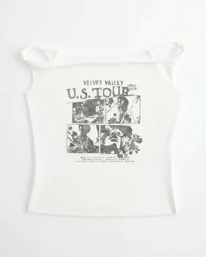 Twisted Off-the-Shoulder Velvet Valley Graphic Tee