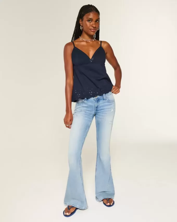 Ultra Low-Rise Distressed Light Wash Sequin Flare Jeans Ultra Low-Rise Distressed Light Wash Sequin Flare Jeans