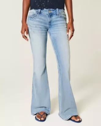 Ultra Low-Rise Distressed Light Wash Sequin Flare Jeans