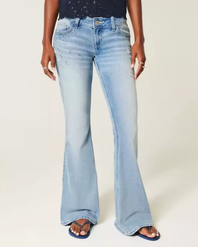 Ultra Low-Rise Distressed Light Wash Sequin Flare Jeans Ultra Low-Rise Distressed Light Wash Sequin Flare Jeans