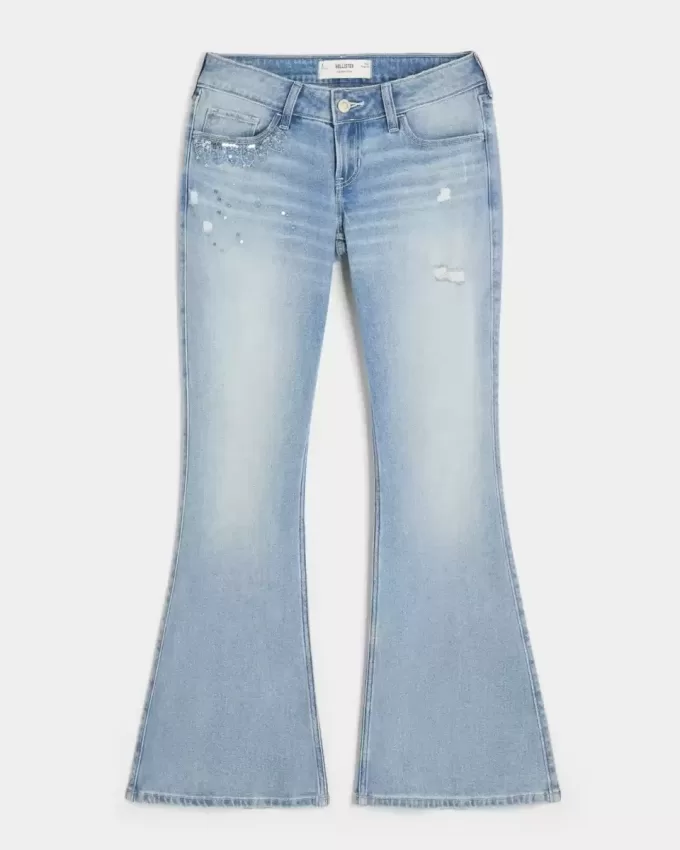 Ultra Low-Rise Distressed Light Wash Sequin Flare Jeans Ultra Low-Rise Distressed Light Wash Sequin Flare Jeans