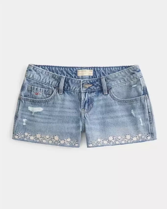 Ultra Low-Rise Embroidered Denim Mini Shorts