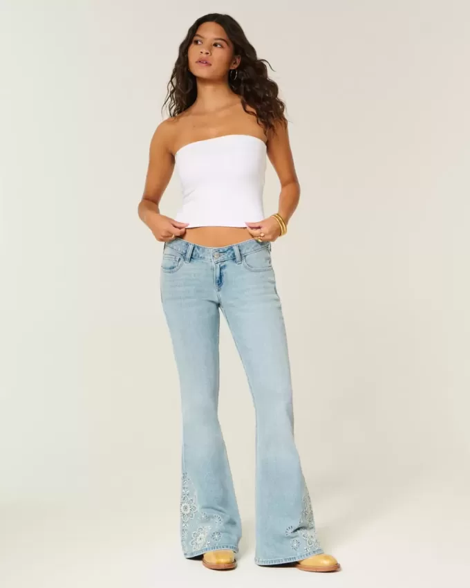 Ultra Low-Rise Light Wash Floral Embroidery Flare Jeans Ultra Low-Rise Light Wash Floral Embroidery Flare Jeans